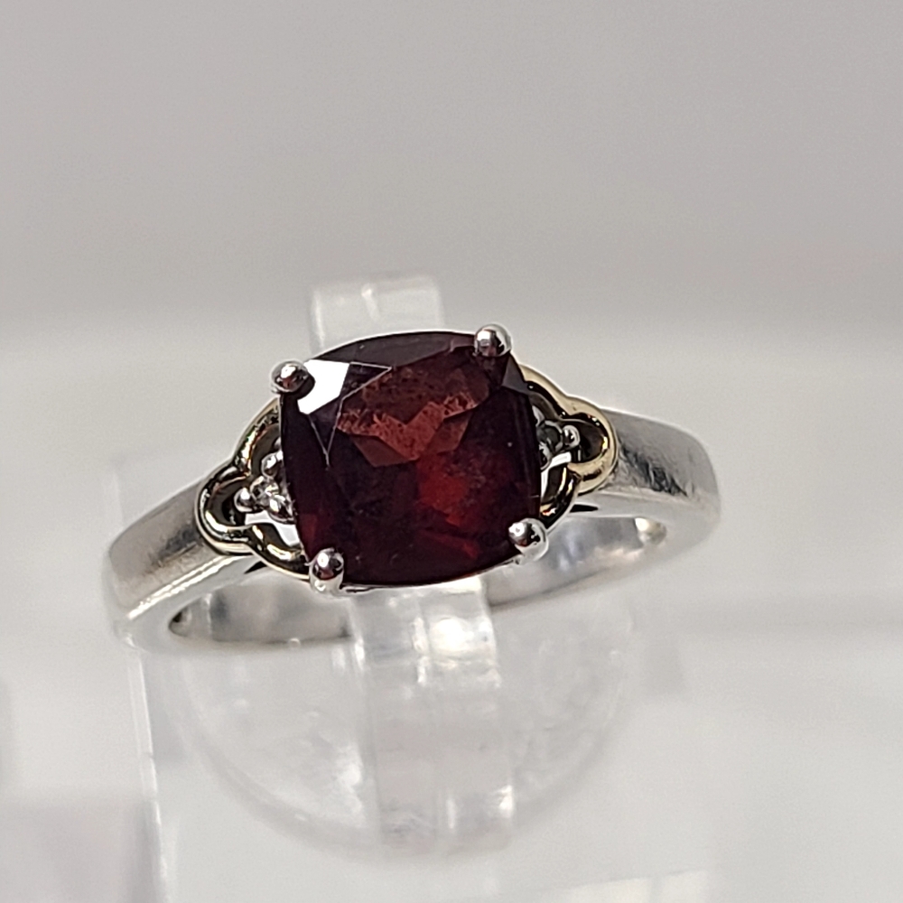 Garnet and Diamond Sterling Silver and 14k Gold Ring